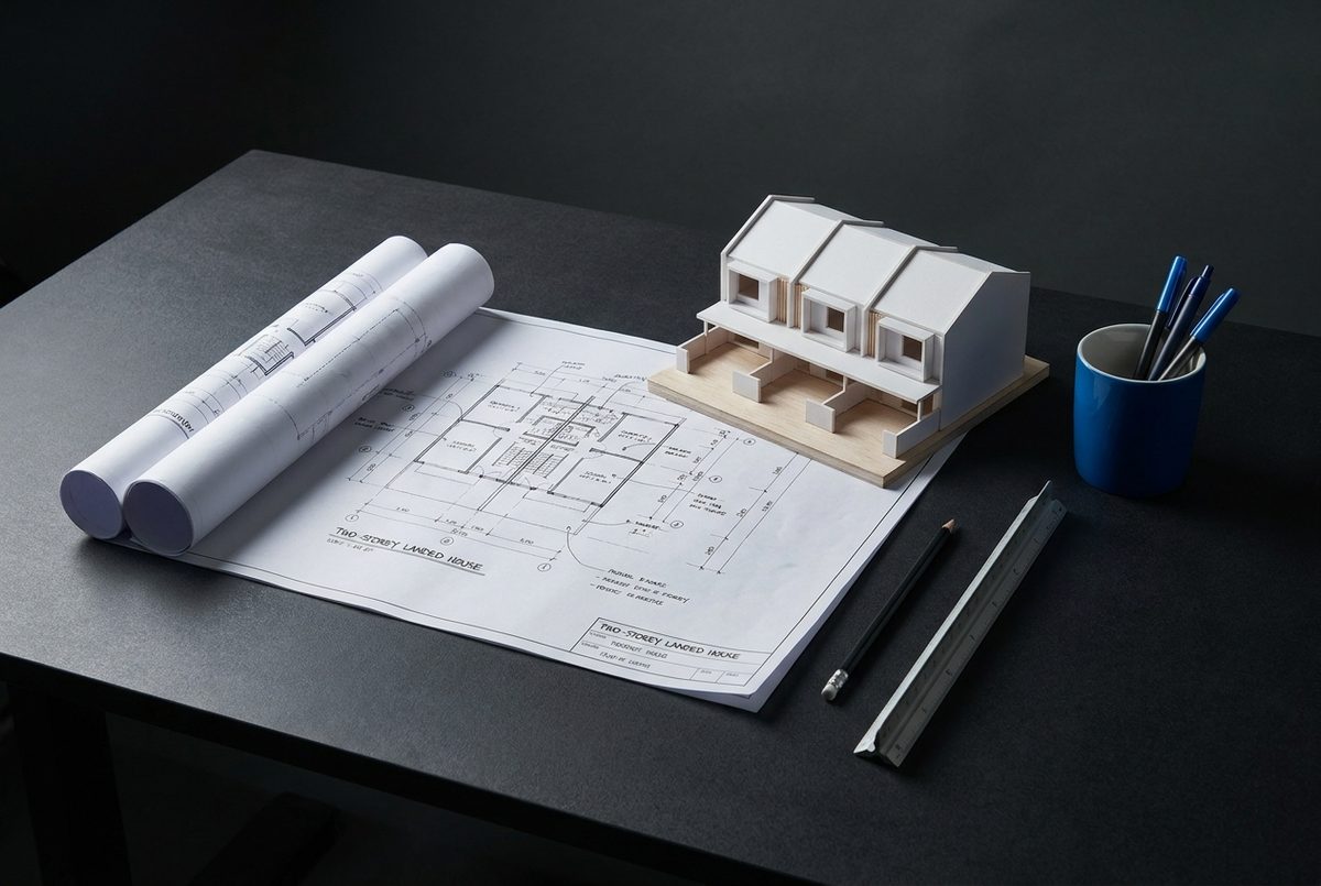 Architectural blueprints and a white scale model of a landed house on a dark desk