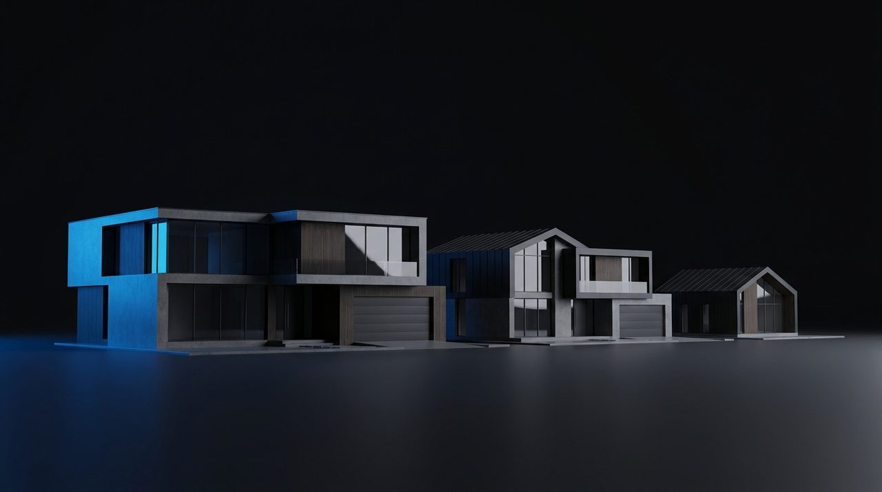 Three landed houses of decreasing scale representing the D15, D14 and D16 price tiers
