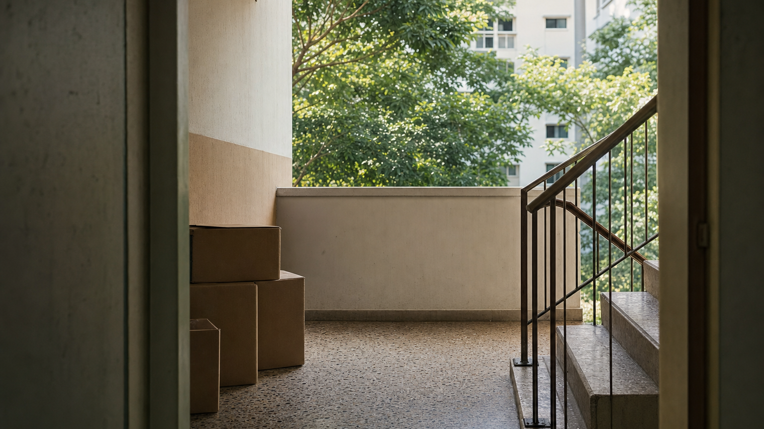Illustration of an older apartment landing with moving cartons, representing the housing transition after a collective sale.