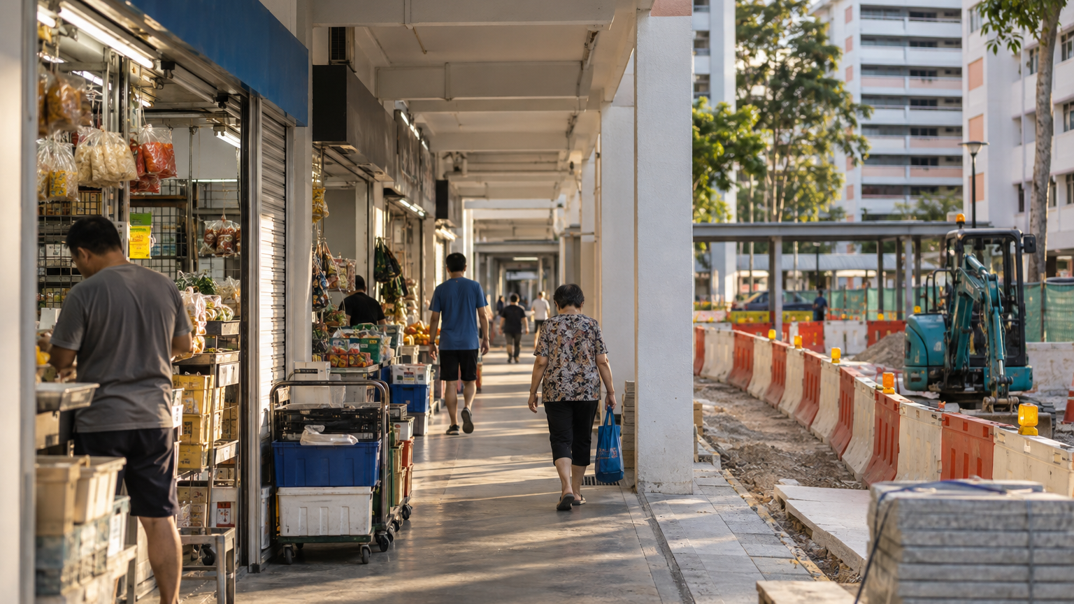 Illustrative Singapore hdb scene for HDB shop rent rebates to continue during North-South Corridor delay