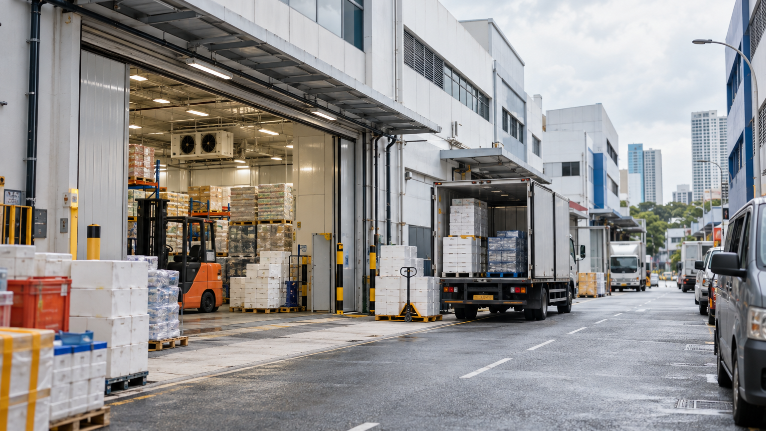 Illustrative Singapore commercial scene for Jalan Senang Food Zone factory pair seeks buyer for cold-storage premises