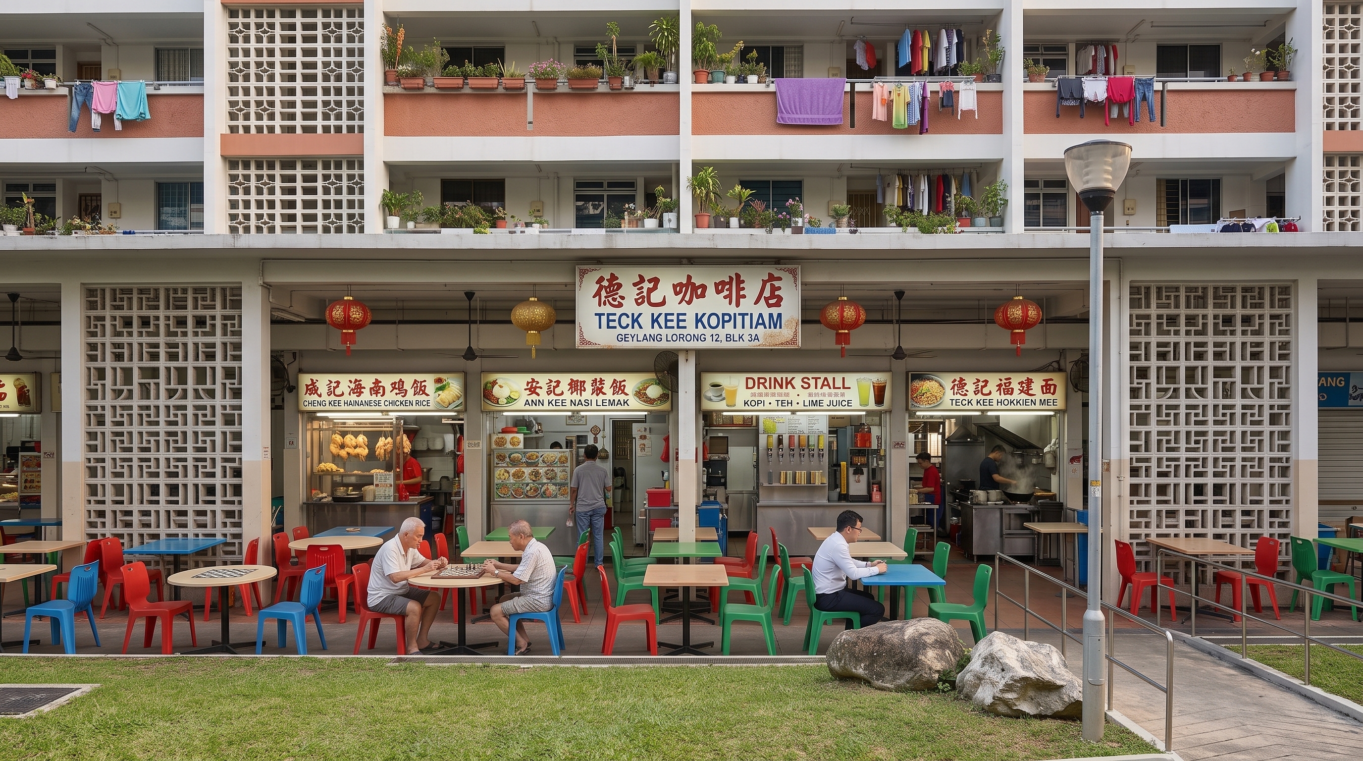 A Singapore HDB block coffeeshop.